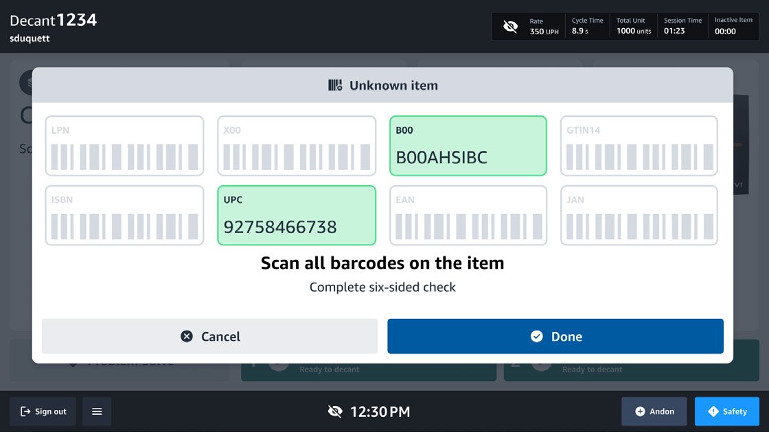 Decant station UI using the ToteASRS multi-barcode scan pattern