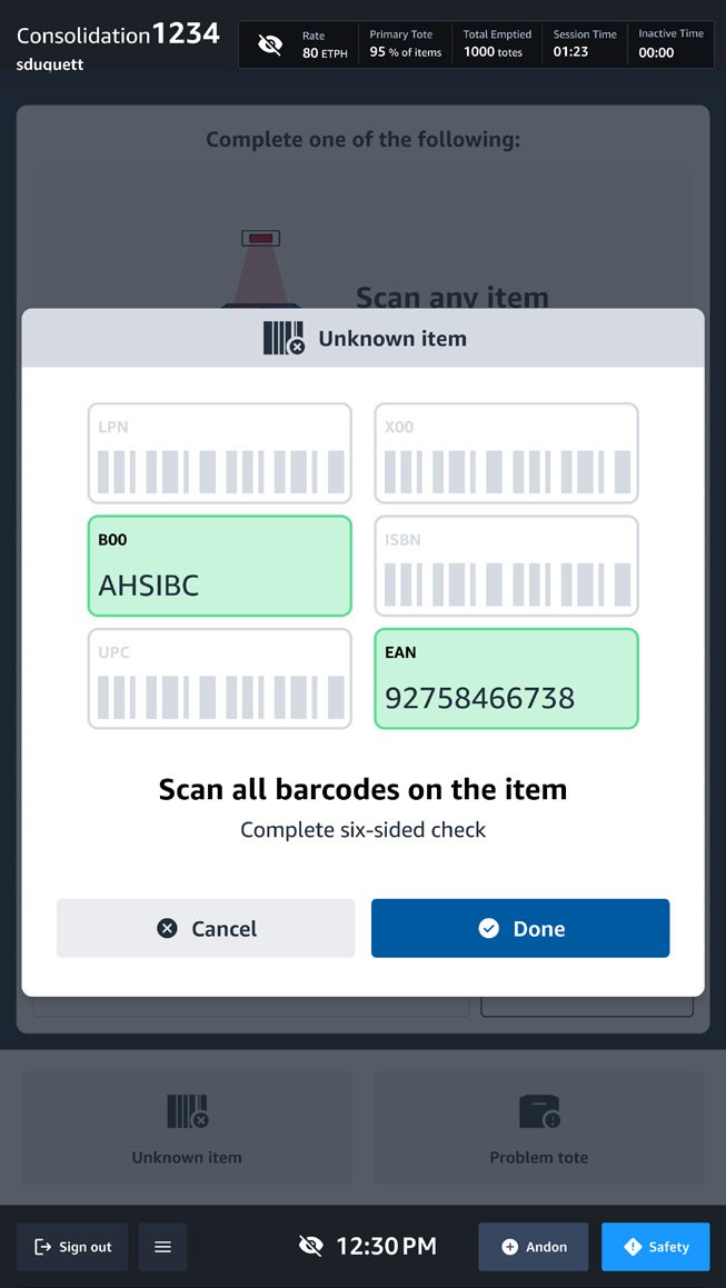 Consolidation UI showing multi-barcode scan recognition