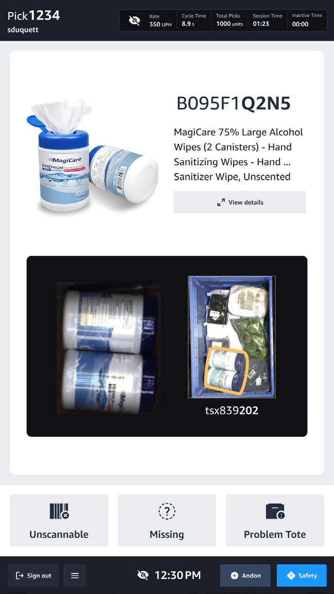 Pick station UI with product card and item identifiers