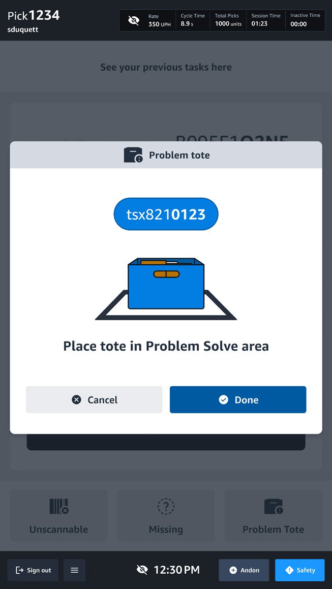 Problem reporting UI guiding operator to place tote in problem solve area