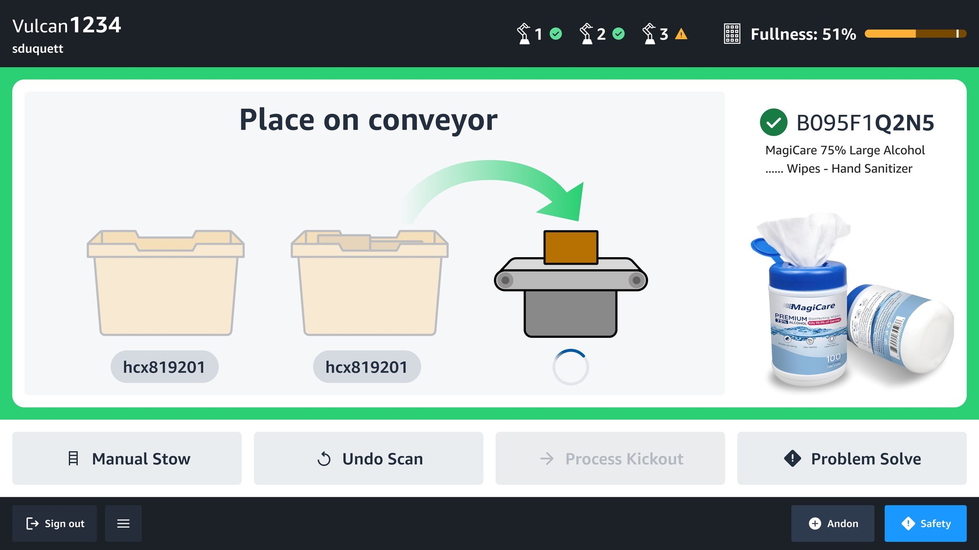 Improved Vulcan Stow UI showing a green-state 'Place on conveyor' screen — directs the operator to send the scanned item to Vulcan for robotic stow