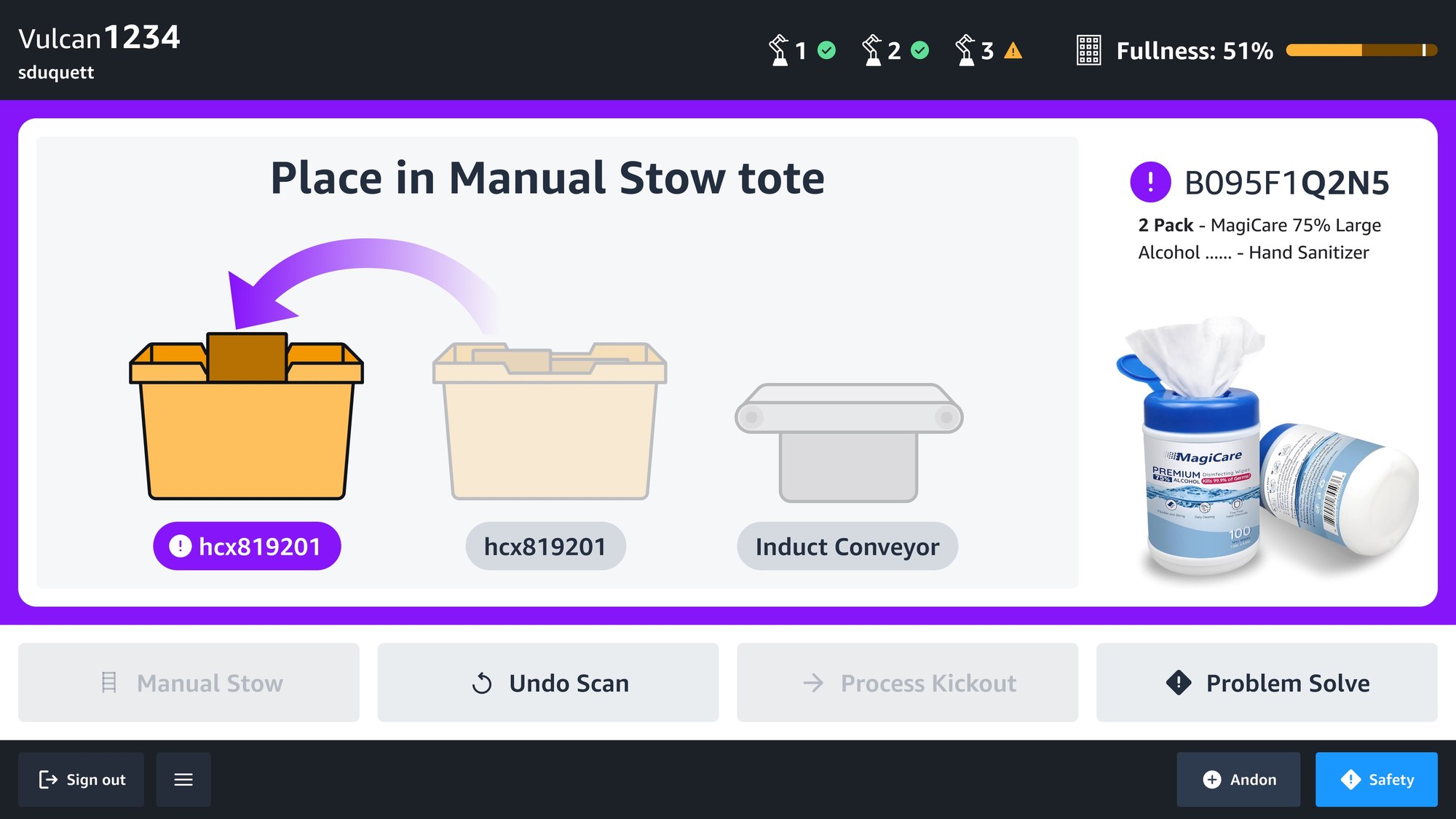 Improved Vulcan Stow UI showing a purple-state 'Place in Manual Stow tote' screen — directs the operator to sideline the item for manual stow